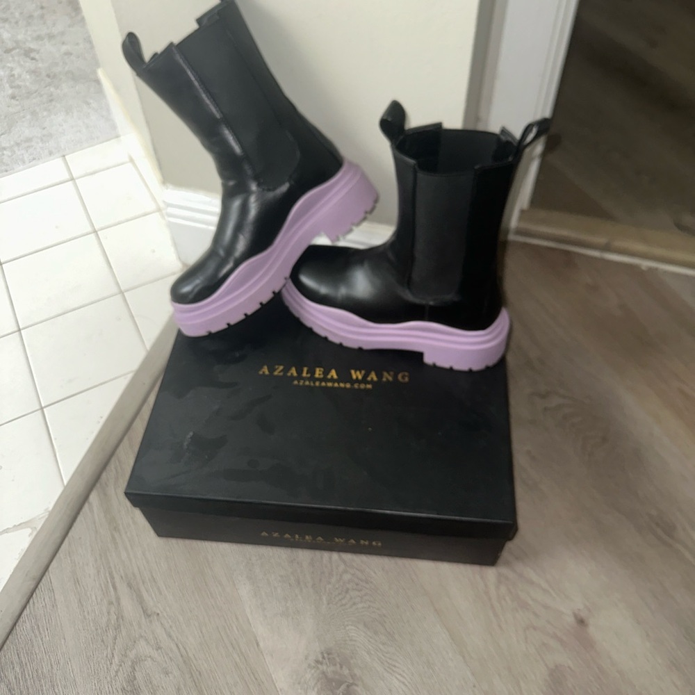 Azalea Wang Black Combat Boots with Purple Soles